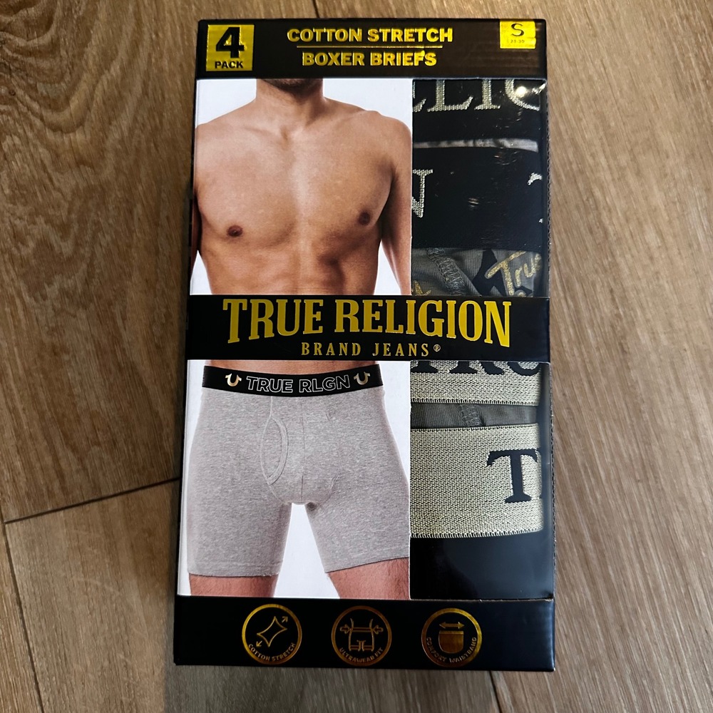 True Religion Mens 4 Pr Cotton Stretch Boxer Briefs Small Grey Green Camo Black